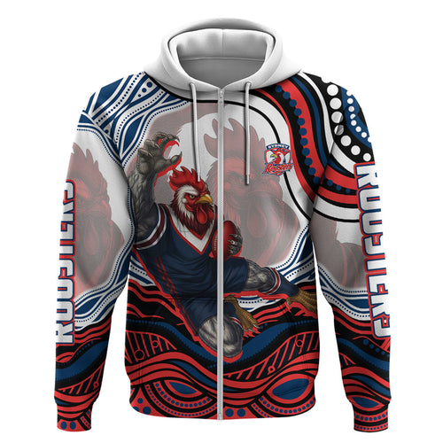 Personalized Sydney Roosters Zip Hoodie Aboriginal Dot Art - Dreamtime Rugby Mascot