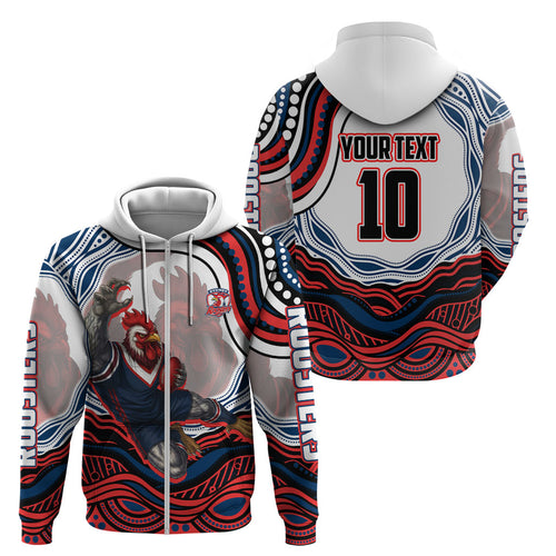 Personalized Sydney Roosters Zip Hoodie Aboriginal Dot Art - Dreamtime Rugby Mascot