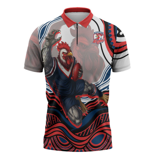 Personalized Sydney Roosters Zipper Polo Shirt Aboriginal Dot Art - Dreamtime Rugby Mascot