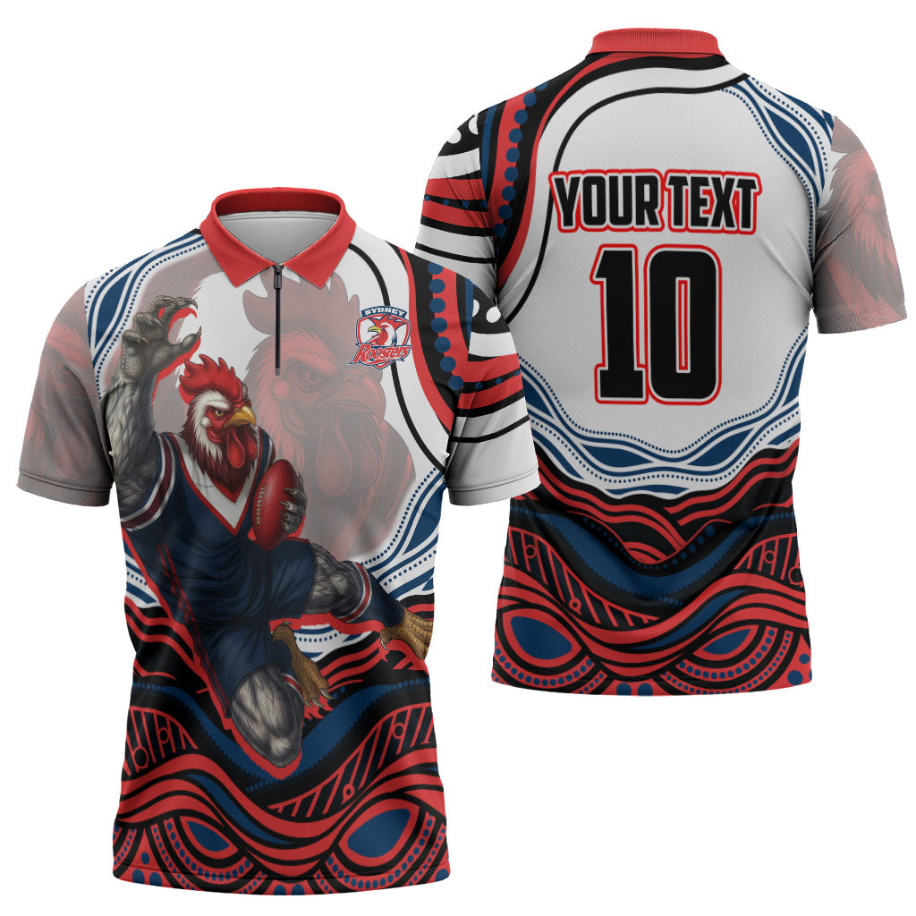 Personalized Sydney Roosters Zipper Polo Shirt Aboriginal Dot Art - Dreamtime Rugby Mascot