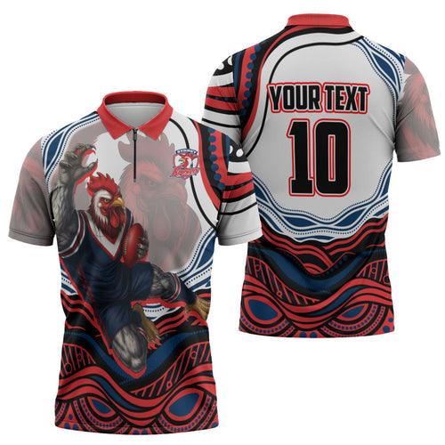 Personalized Sydney Roosters Zipper Polo Shirt Aboriginal Dot Art - Dreamtime Rugby Mascot