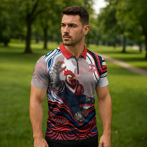 Personalized Sydney Roosters Zipper Polo Shirt Aboriginal Dot Art - Dreamtime Rugby Mascot