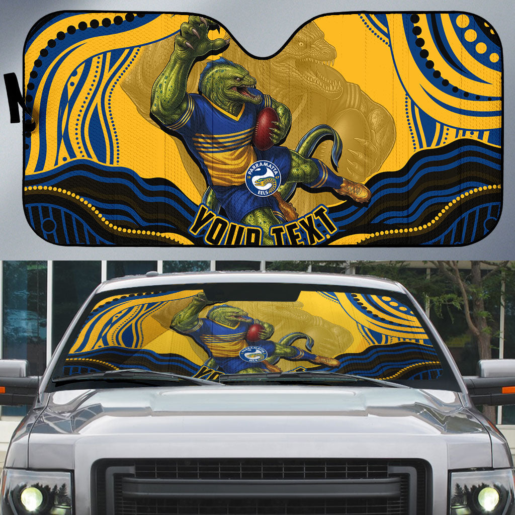 Personalized Parramatta Eels Auto Sun Shade Aboriginal Dot Art - Dreamtime Rugby Mascot