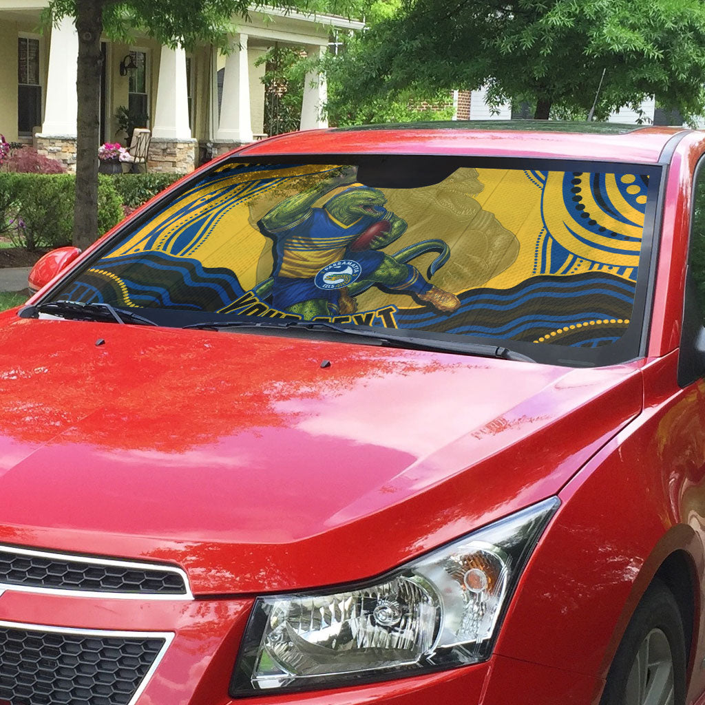 Personalized Parramatta Eels Auto Sun Shade Aboriginal Dot Art - Dreamtime Rugby Mascot