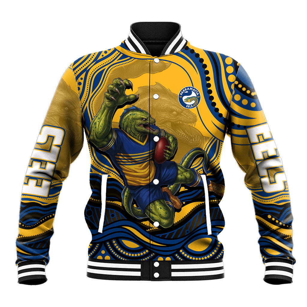 Personalized Parramatta Eels Baseball Jacket Aboriginal Dot Art - Dreamtime Rugby Mascot