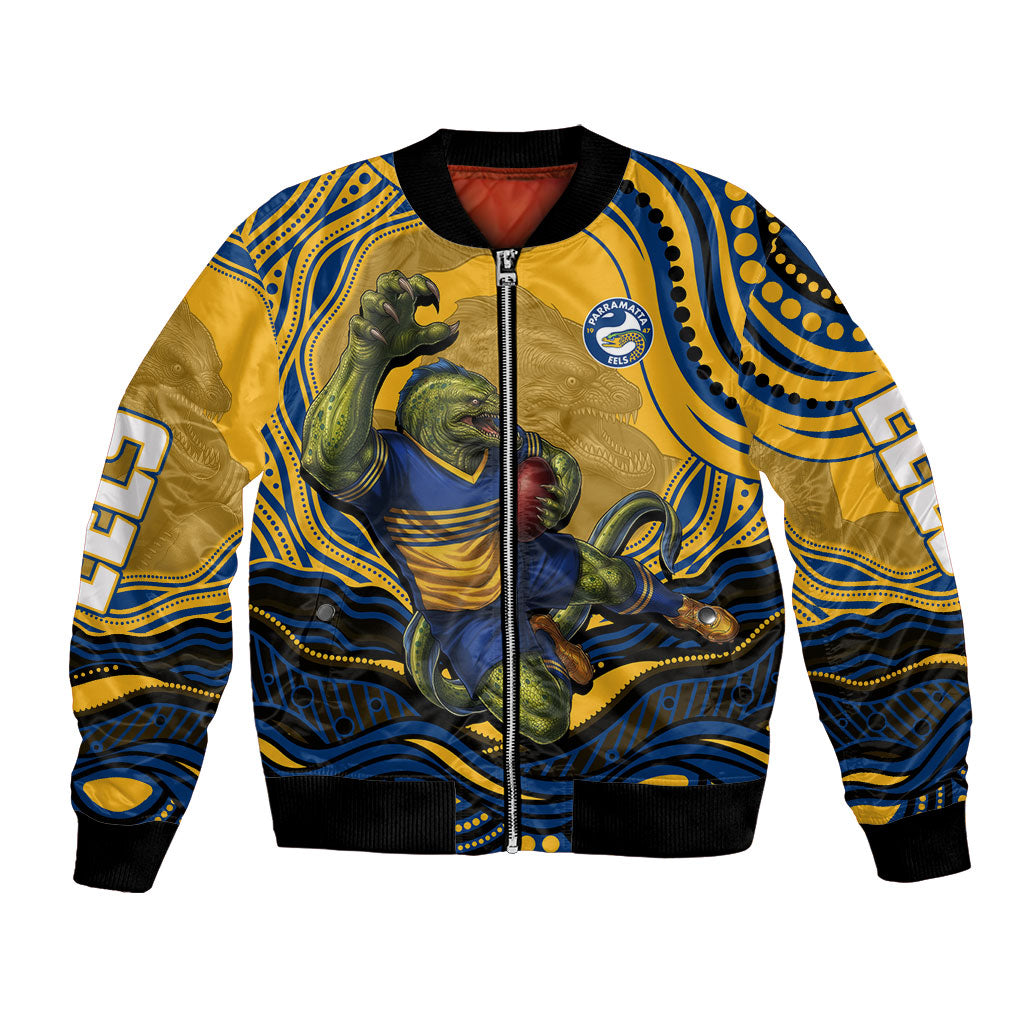 Personalized Parramatta Eels Bomber Jacket Aboriginal Dot Art - Dreamtime Rugby Mascot