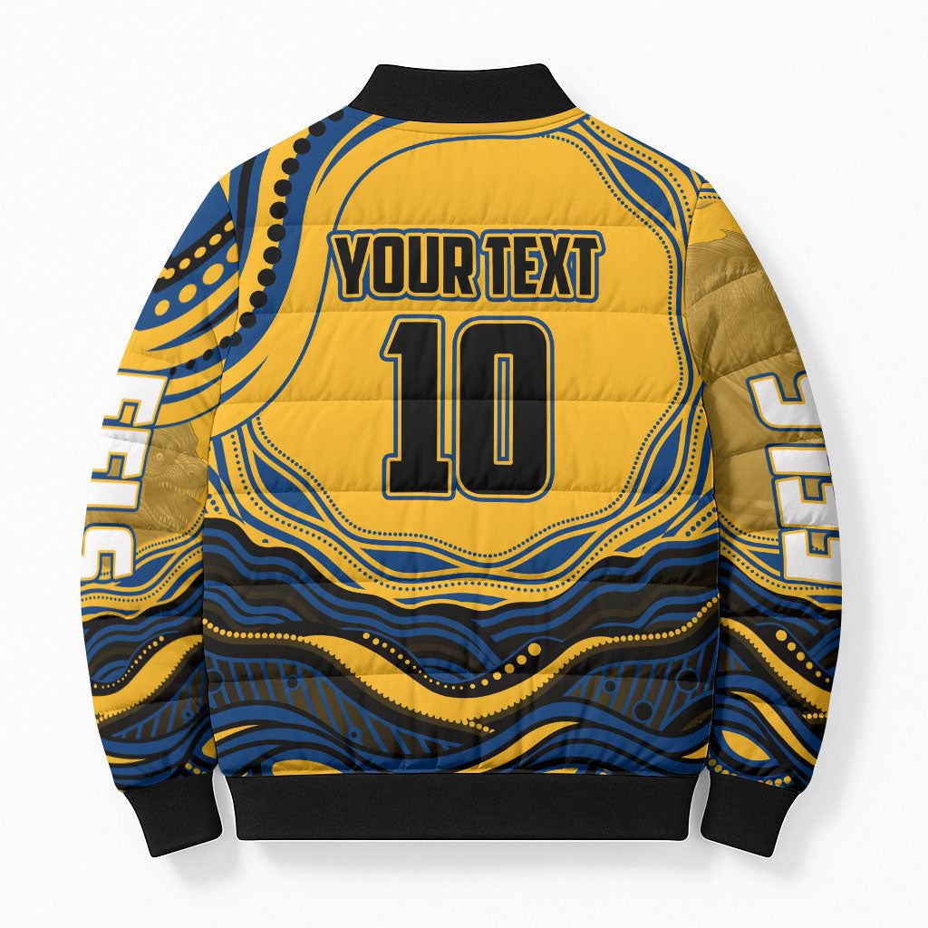 Personalized Parramatta Eels Bomber Puffer Jacket Aboriginal Dot Art - Dreamtime Rugby Mascot