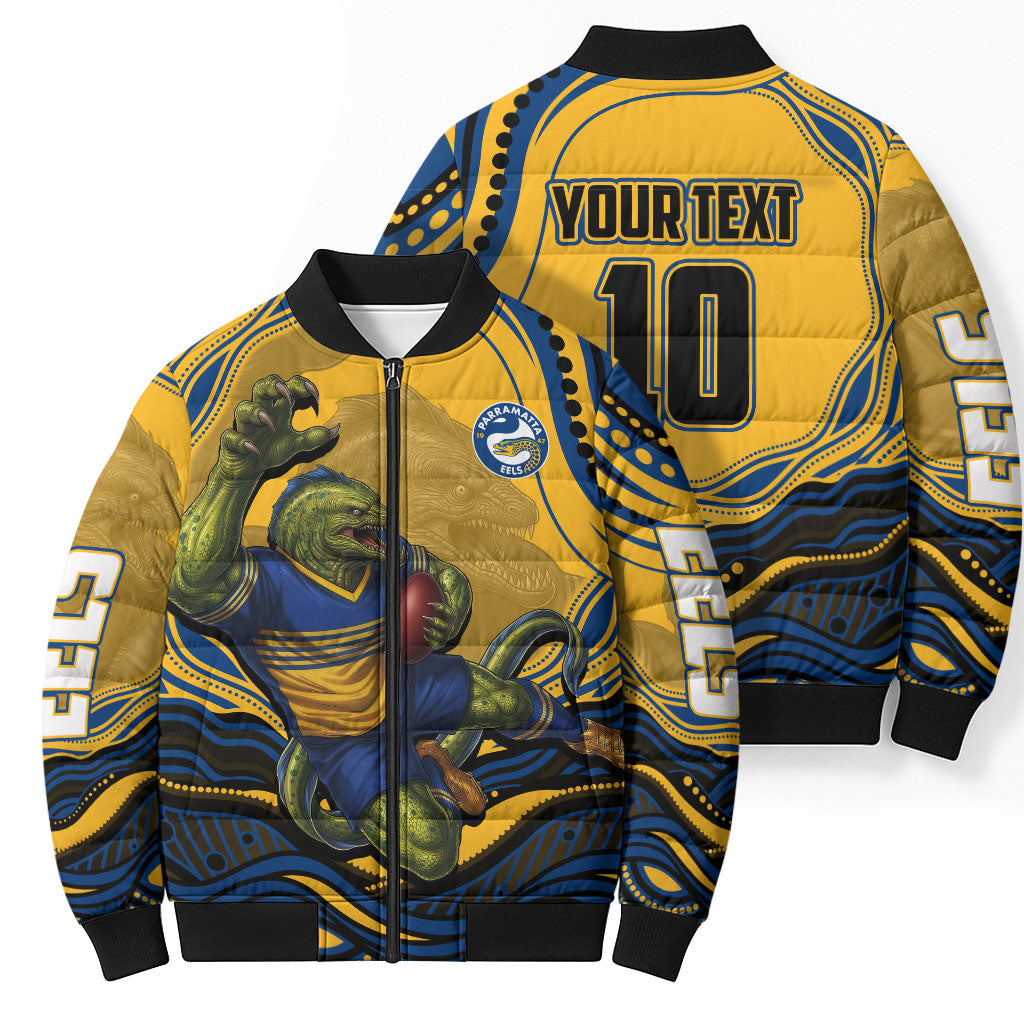 Personalized Parramatta Eels Bomber Puffer Jacket Aboriginal Dot Art - Dreamtime Rugby Mascot