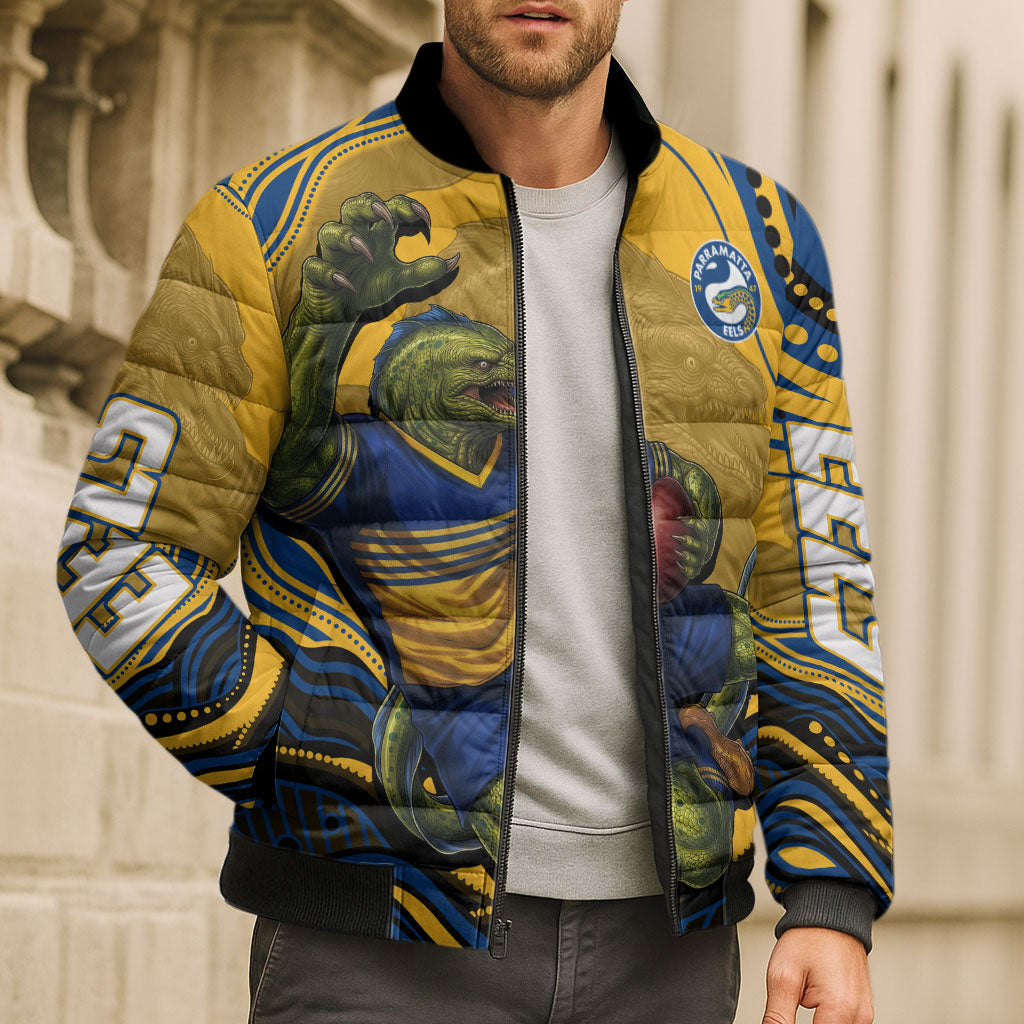 Personalized Parramatta Eels Bomber Puffer Jacket Aboriginal Dot Art - Dreamtime Rugby Mascot