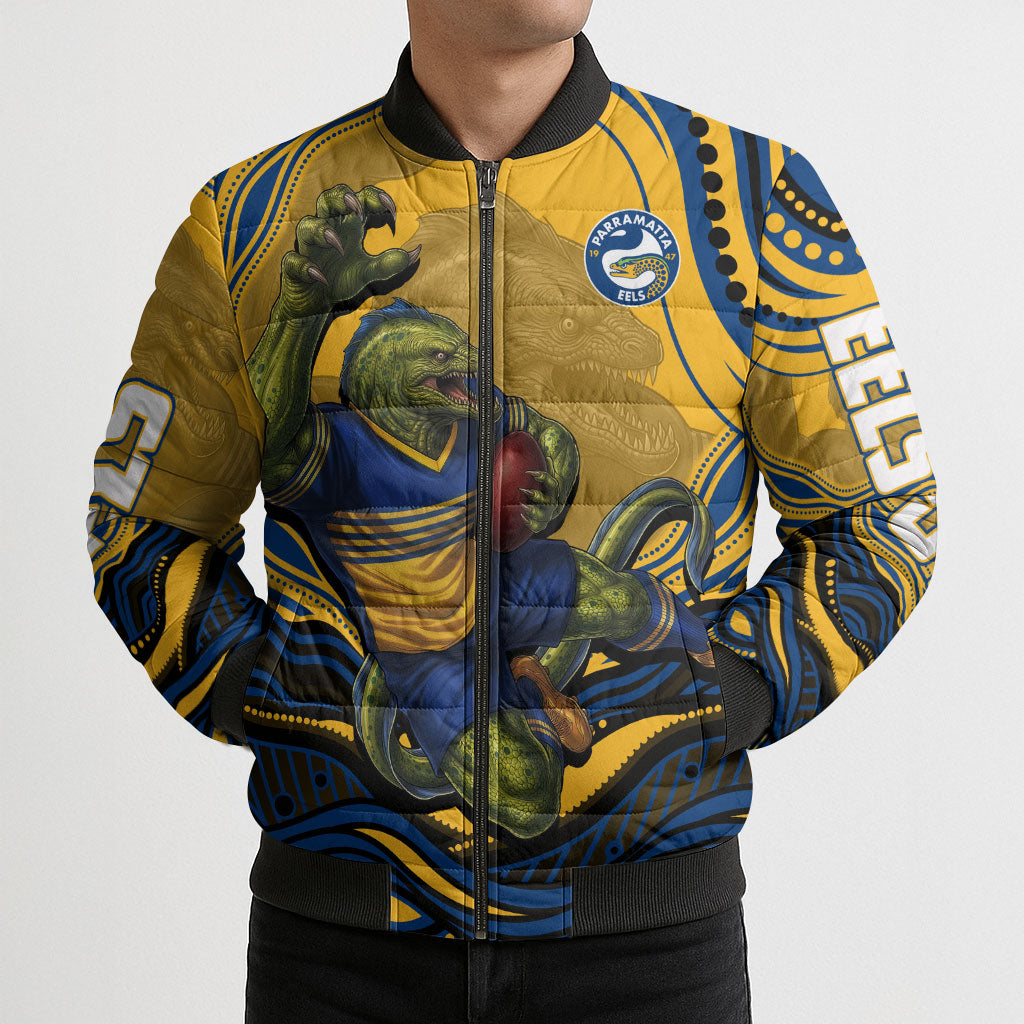 Personalized Parramatta Eels Bomber Puffer Jacket Aboriginal Dot Art - Dreamtime Rugby Mascot
