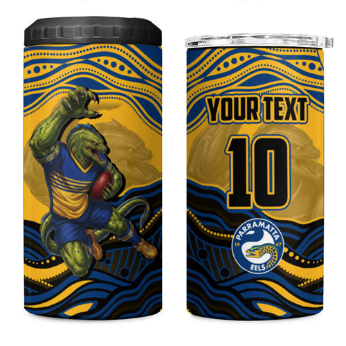 Personalized Parramatta Eels 4 in 1 Can Cooler Tumbler Aboriginal Dot Art - Dreamtime Rugby Mascot