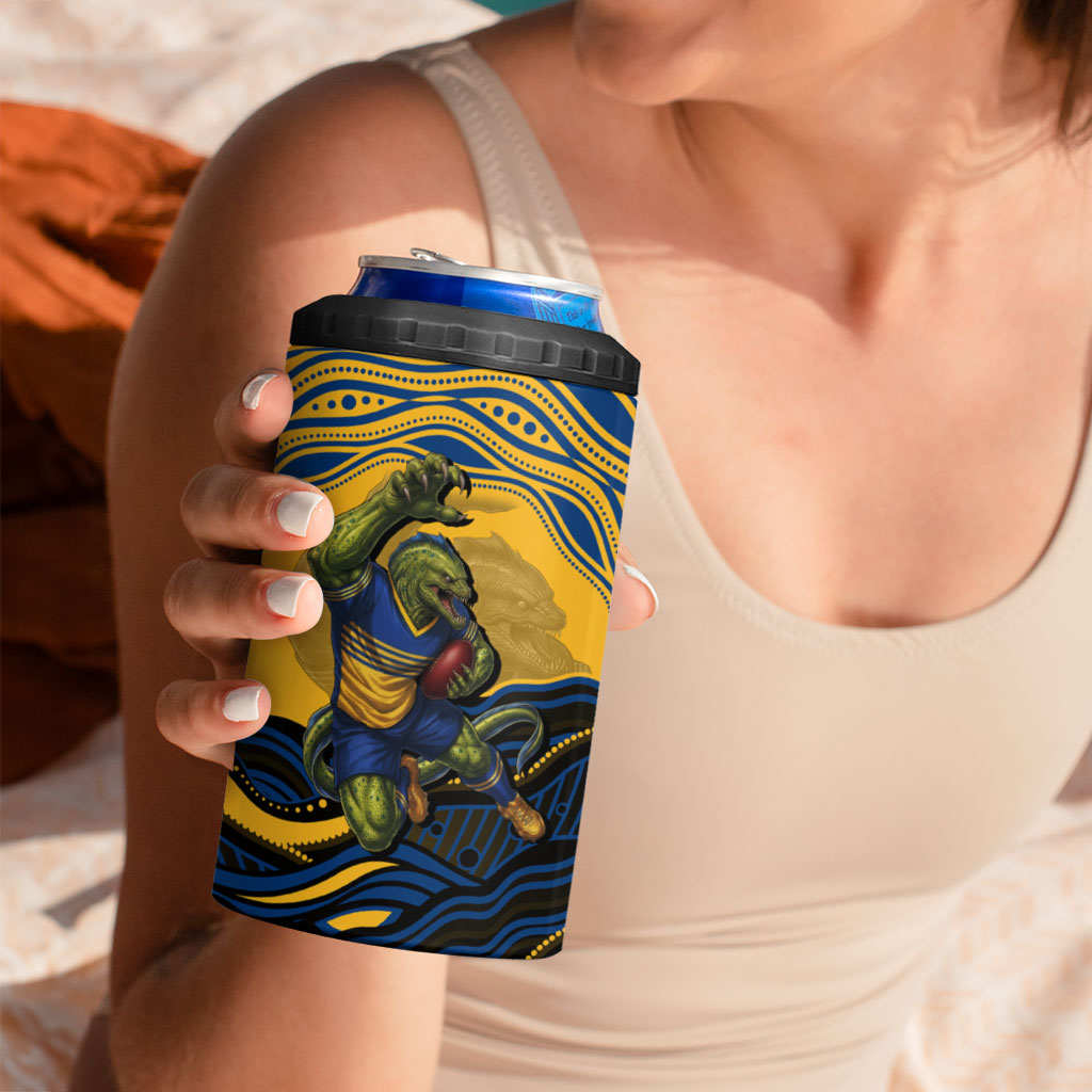 Personalized Parramatta Eels 4 in 1 Can Cooler Tumbler Aboriginal Dot Art - Dreamtime Rugby Mascot