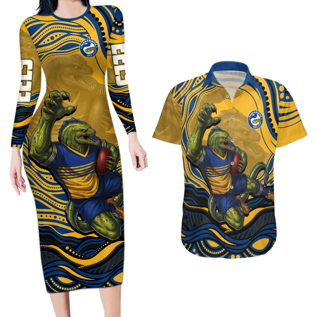 Personalized Parramatta Eels Couples Matching Long Sleeve Bodycon Dress and Hawaiian Shirt Aboriginal Dot Art - Dreamtime Rugby Mascot