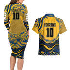 Personalized Parramatta Eels Couples Matching Long Sleeve Bodycon Dress and Hawaiian Shirt Aboriginal Dot Art - Dreamtime Rugby Mascot