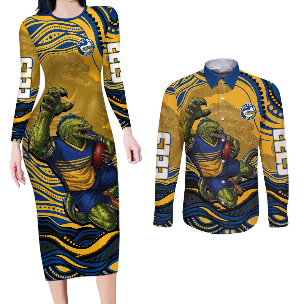 Personalized Parramatta Eels Couples Matching Long Sleeve Bodycon Dress and Long Sleeve Button Shirt Aboriginal Dot Art - Dreamtime Rugby Mascot