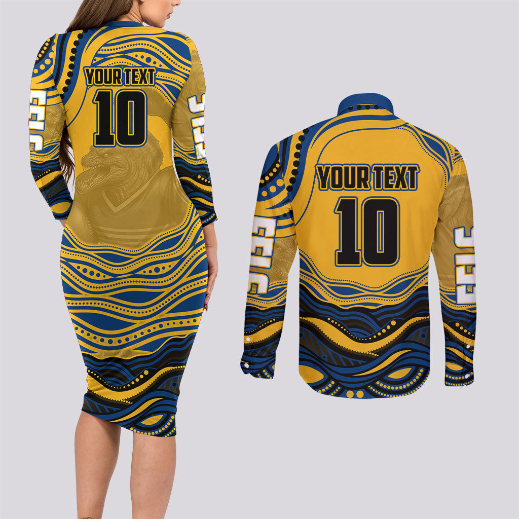 Personalized Parramatta Eels Couples Matching Long Sleeve Bodycon Dress and Long Sleeve Button Shirt Aboriginal Dot Art - Dreamtime Rugby Mascot