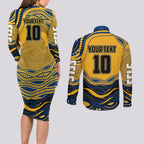 Personalized Parramatta Eels Couples Matching Long Sleeve Bodycon Dress and Long Sleeve Button Shirt Aboriginal Dot Art - Dreamtime Rugby Mascot
