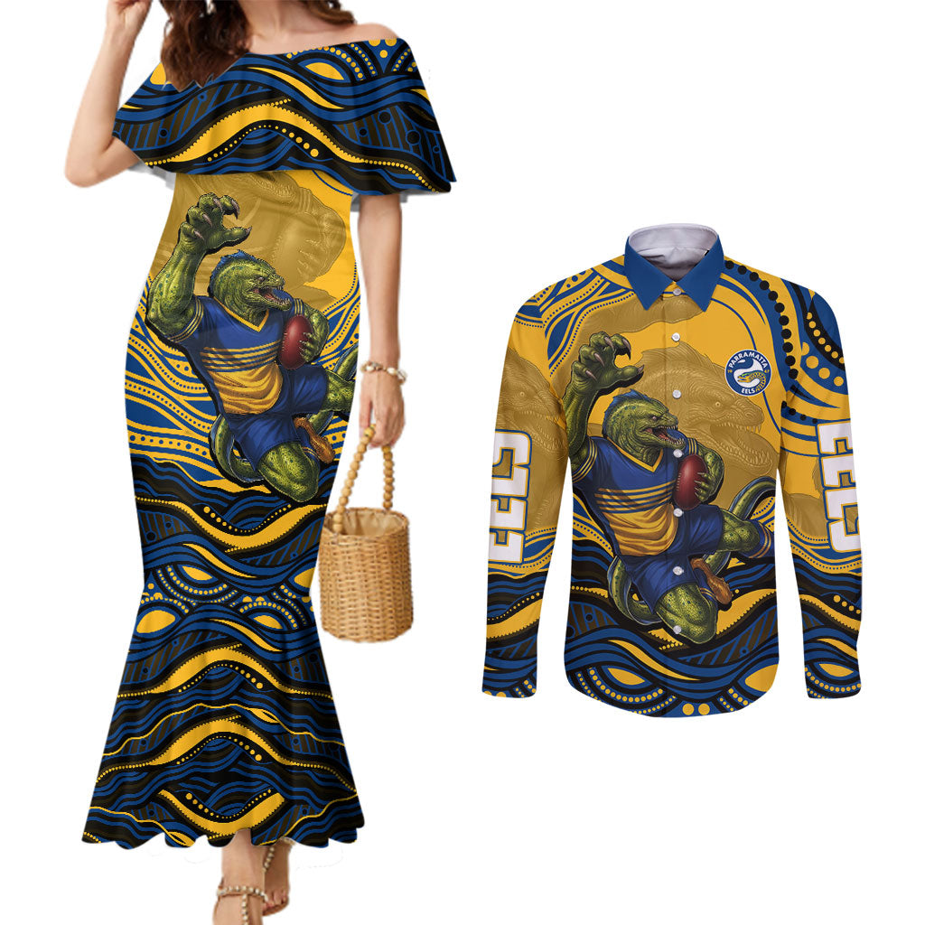 Personalized Parramatta Eels Couples Matching Mermaid Dress and Long Sleeve Button Shirt Aboriginal Dot Art - Dreamtime Rugby Mascot