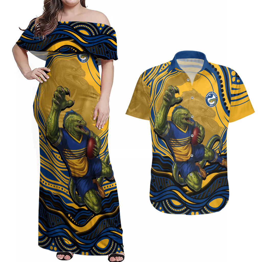 Personalized Parramatta Eels Couples Matching Off Shoulder Maxi Dress and Hawaiian Shirt Aboriginal Dot Art - Dreamtime Rugby Mascot