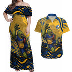 Personalized Parramatta Eels Couples Matching Off Shoulder Maxi Dress and Hawaiian Shirt Aboriginal Dot Art - Dreamtime Rugby Mascot