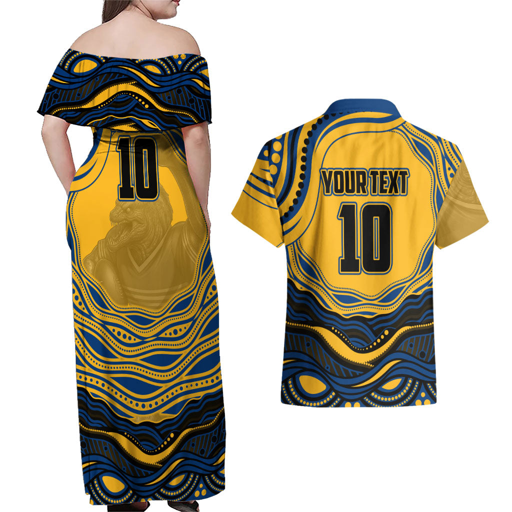 Personalized Parramatta Eels Couples Matching Off Shoulder Maxi Dress and Hawaiian Shirt Aboriginal Dot Art - Dreamtime Rugby Mascot