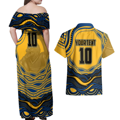 Personalized Parramatta Eels Couples Matching Off Shoulder Maxi Dress and Hawaiian Shirt Aboriginal Dot Art - Dreamtime Rugby Mascot