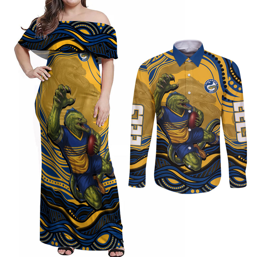 Personalized Parramatta Eels Couples Matching Off Shoulder Maxi Dress and Long Sleeve Button Shirt Aboriginal Dot Art - Dreamtime Rugby Mascot