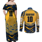 Personalized Parramatta Eels Couples Matching Off Shoulder Maxi Dress and Long Sleeve Button Shirt Aboriginal Dot Art - Dreamtime Rugby Mascot