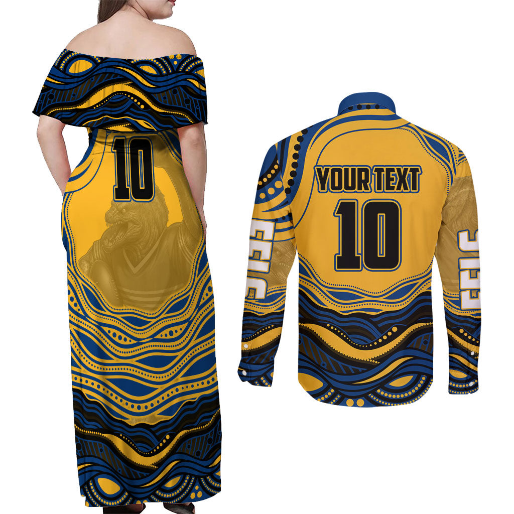 Personalized Parramatta Eels Couples Matching Off Shoulder Maxi Dress and Long Sleeve Button Shirt Aboriginal Dot Art - Dreamtime Rugby Mascot