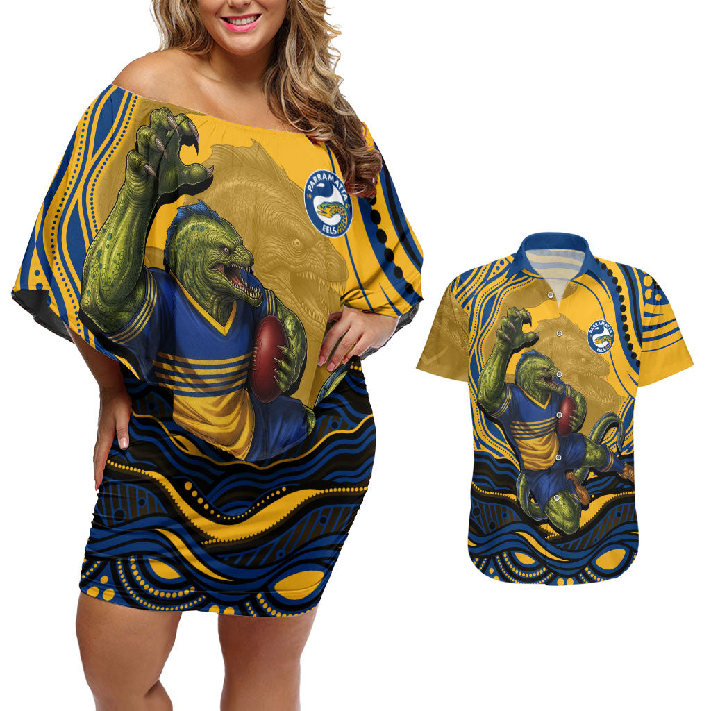 Personalized Parramatta Eels Couples Matching Off Shoulder Short Dress and Hawaiian Shirt Aboriginal Dot Art - Dreamtime Rugby Mascot