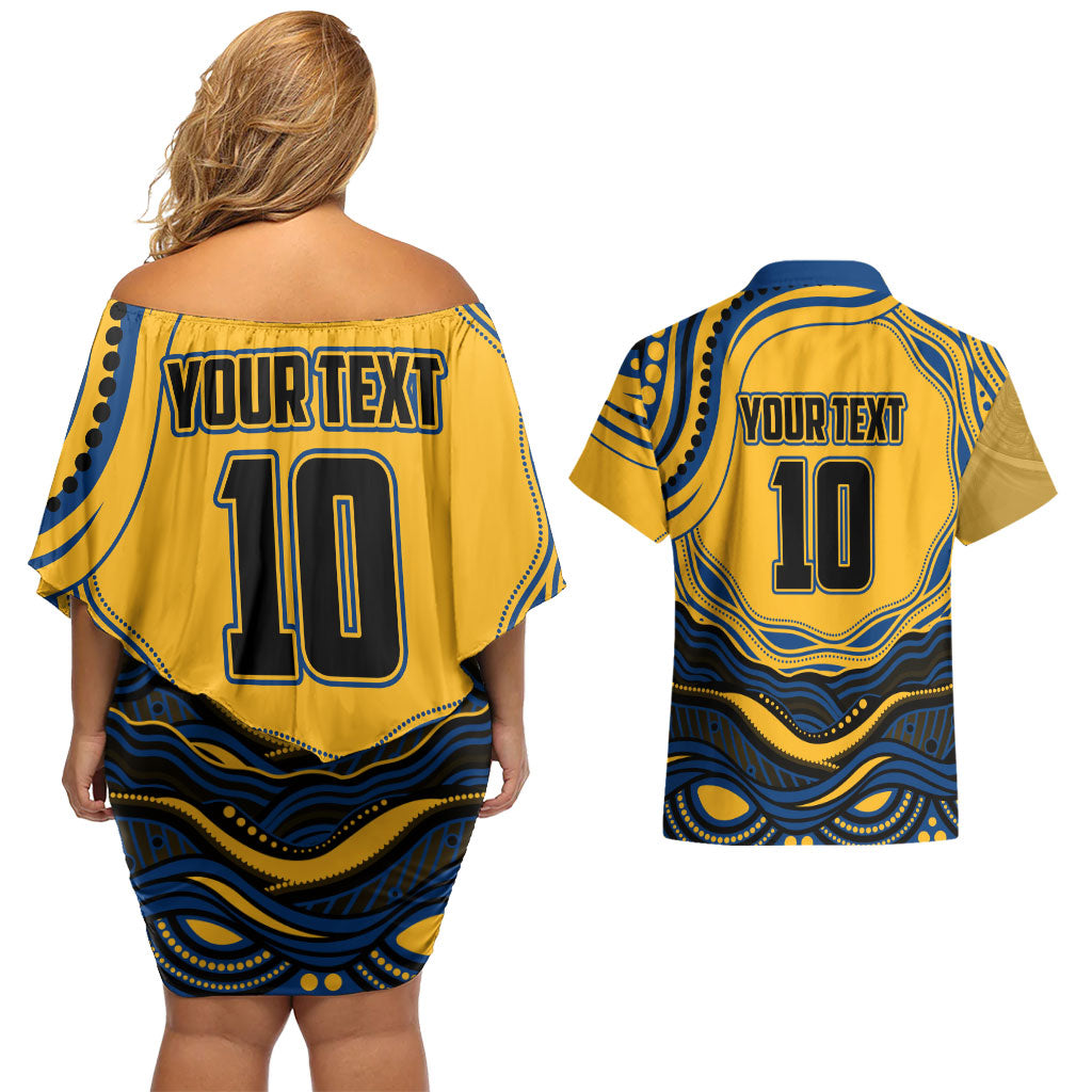 Personalized Parramatta Eels Couples Matching Off Shoulder Short Dress and Hawaiian Shirt Aboriginal Dot Art - Dreamtime Rugby Mascot