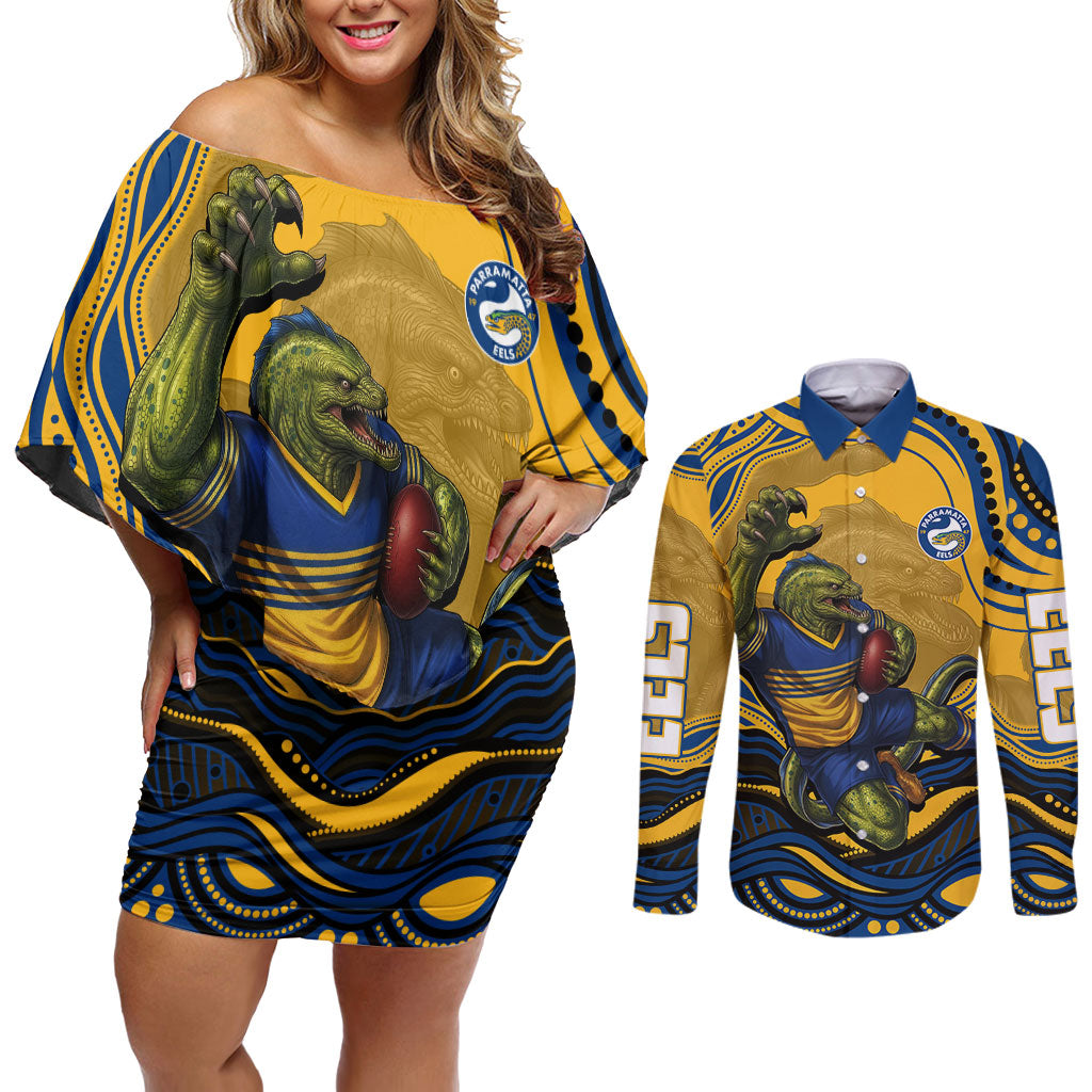 Personalized Parramatta Eels Couples Matching Off Shoulder Short Dress and Long Sleeve Button Shirt Aboriginal Dot Art - Dreamtime Rugby Mascot