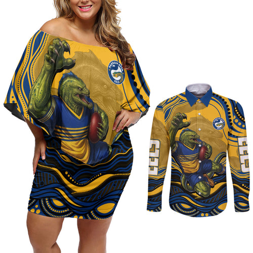Personalized Parramatta Eels Couples Matching Off Shoulder Short Dress and Long Sleeve Button Shirt Aboriginal Dot Art - Dreamtime Rugby Mascot