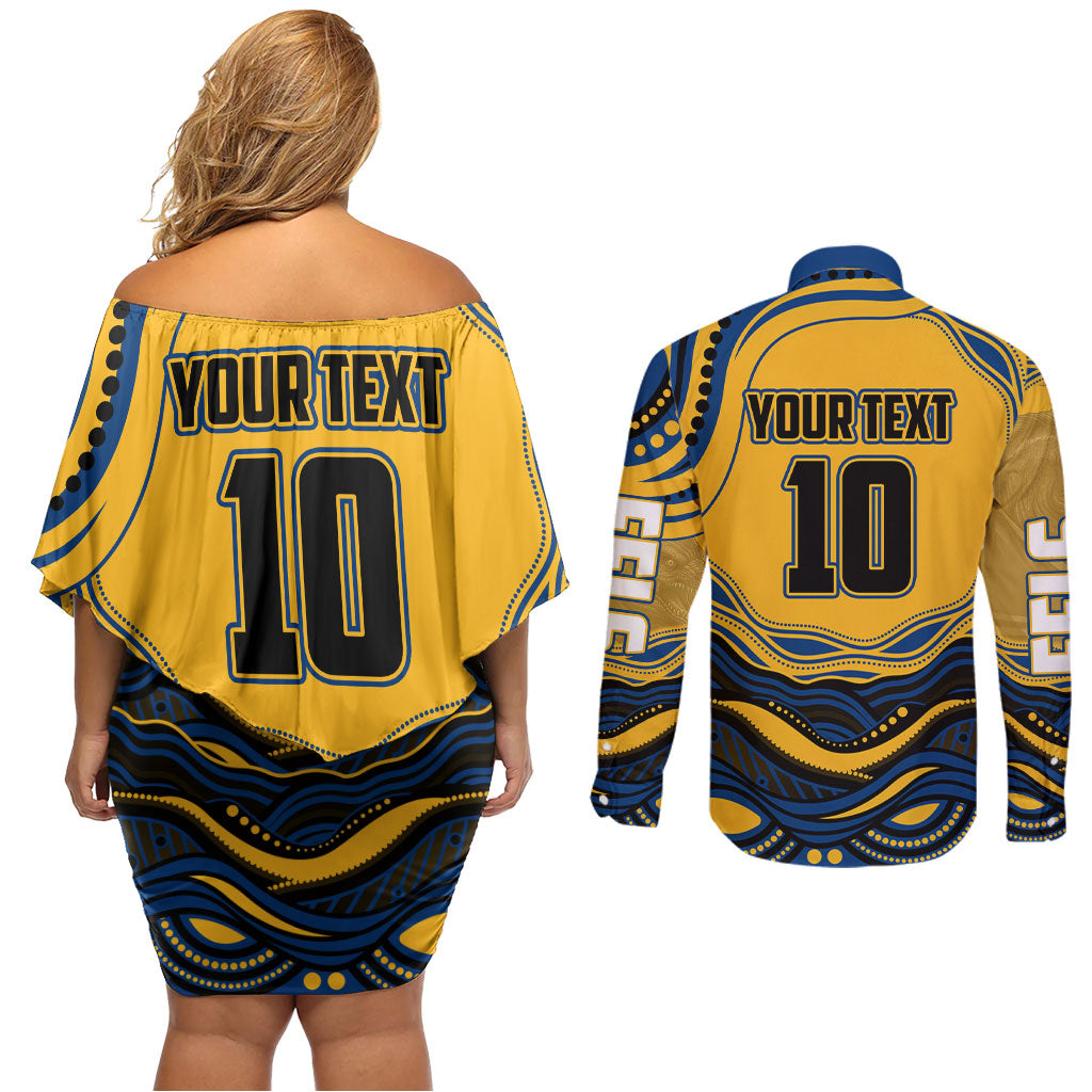 Personalized Parramatta Eels Couples Matching Off Shoulder Short Dress and Long Sleeve Button Shirt Aboriginal Dot Art - Dreamtime Rugby Mascot