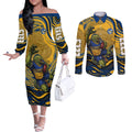 Personalized Parramatta Eels Couples Matching Off The Shoulder Long Sleeve Dress and Long Sleeve Button Shirt Aboriginal Dot Art - Dreamtime Rugby Mascot
