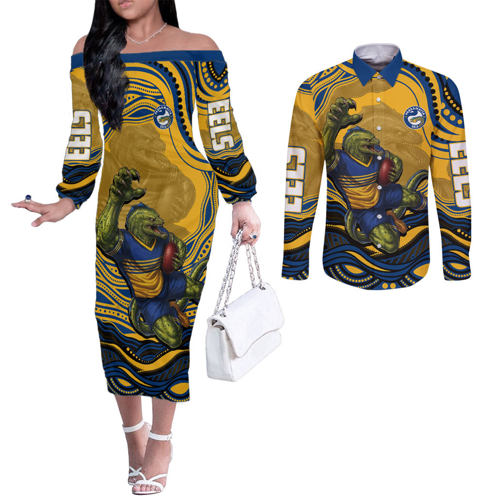 Personalized Parramatta Eels Couples Matching Off The Shoulder Long Sleeve Dress and Long Sleeve Button Shirt Aboriginal Dot Art - Dreamtime Rugby Mascot
