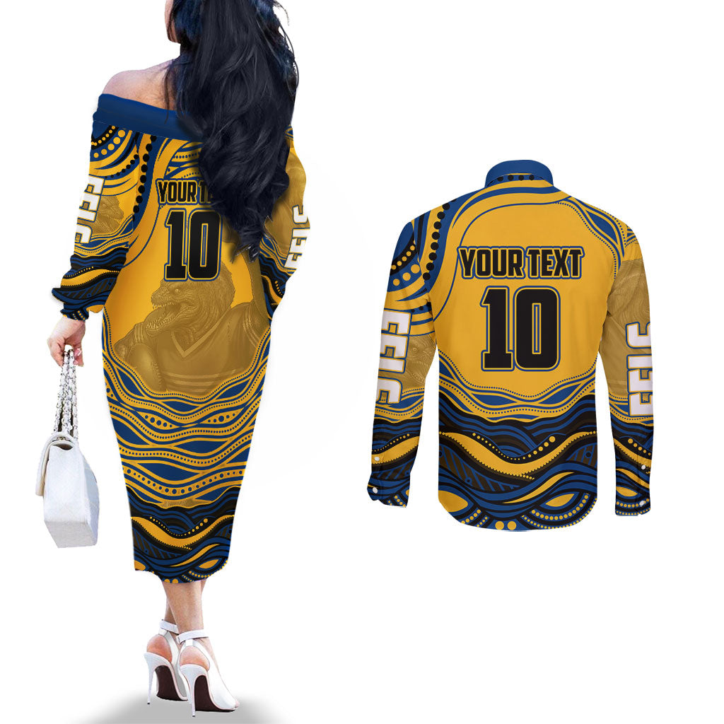 Personalized Parramatta Eels Couples Matching Off The Shoulder Long Sleeve Dress and Long Sleeve Button Shirt Aboriginal Dot Art - Dreamtime Rugby Mascot