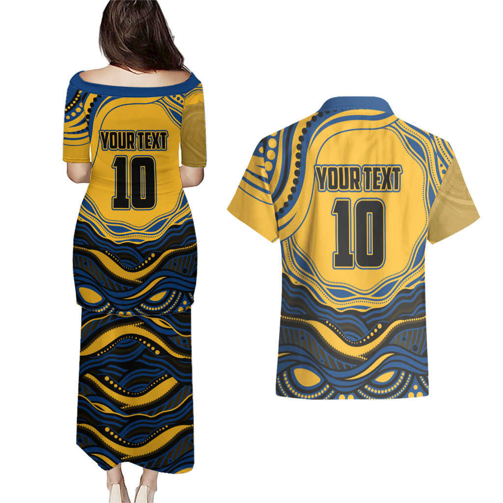 Personalized Parramatta Eels Couples Matching Puletasi and Hawaiian Shirt Aboriginal Dot Art - Dreamtime Rugby Mascot