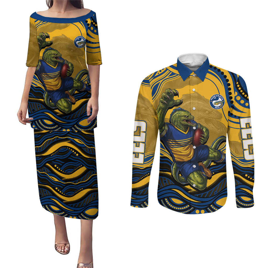 Personalized Parramatta Eels Couples Matching Puletasi and Long Sleeve Button Shirt Aboriginal Dot Art - Dreamtime Rugby Mascot