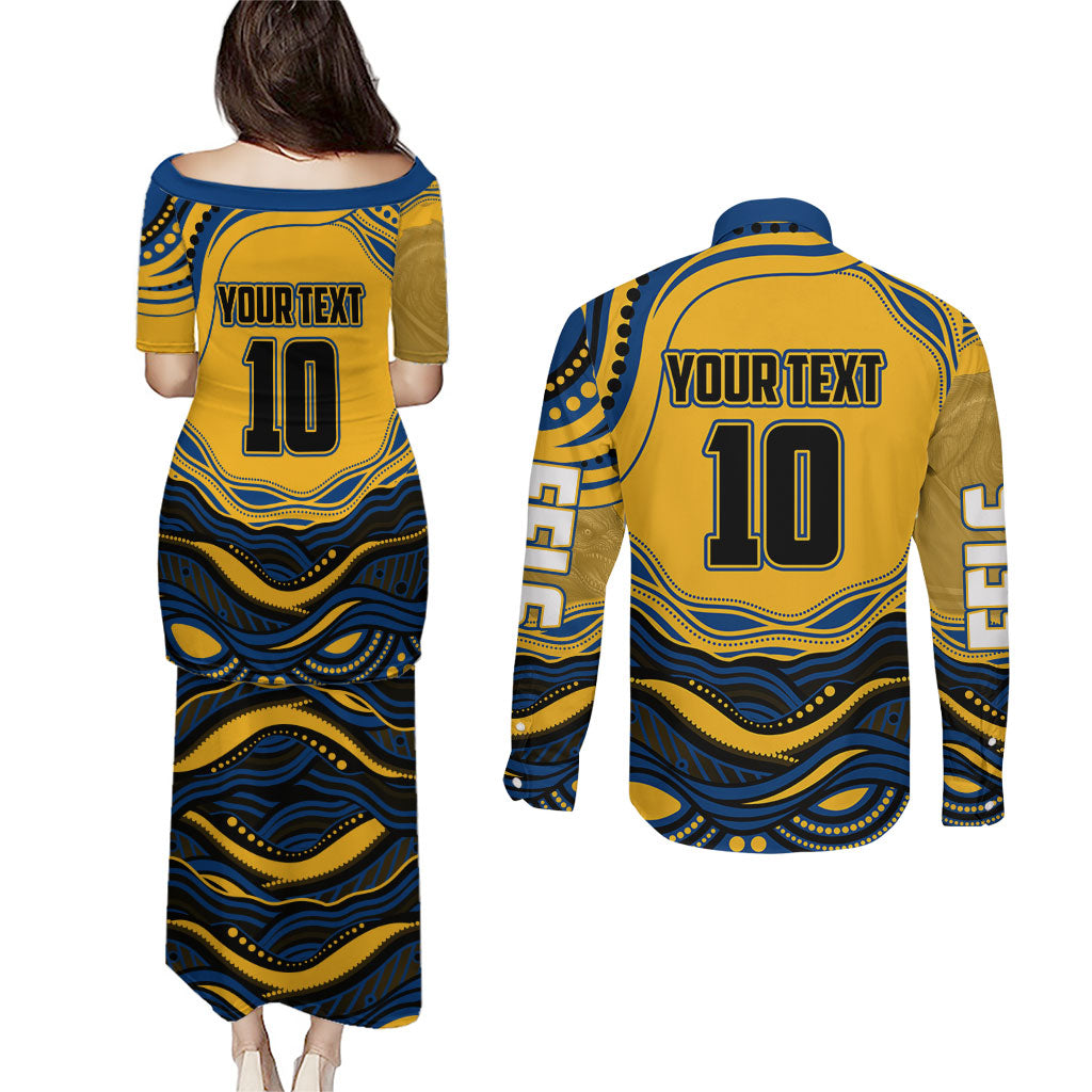 Personalized Parramatta Eels Couples Matching Puletasi and Long Sleeve Button Shirt Aboriginal Dot Art - Dreamtime Rugby Mascot