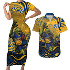 Personalized Parramatta Eels Couples Matching Short Sleeve Bodycon Dress and Hawaiian Shirt Aboriginal Dot Art - Dreamtime Rugby Mascot