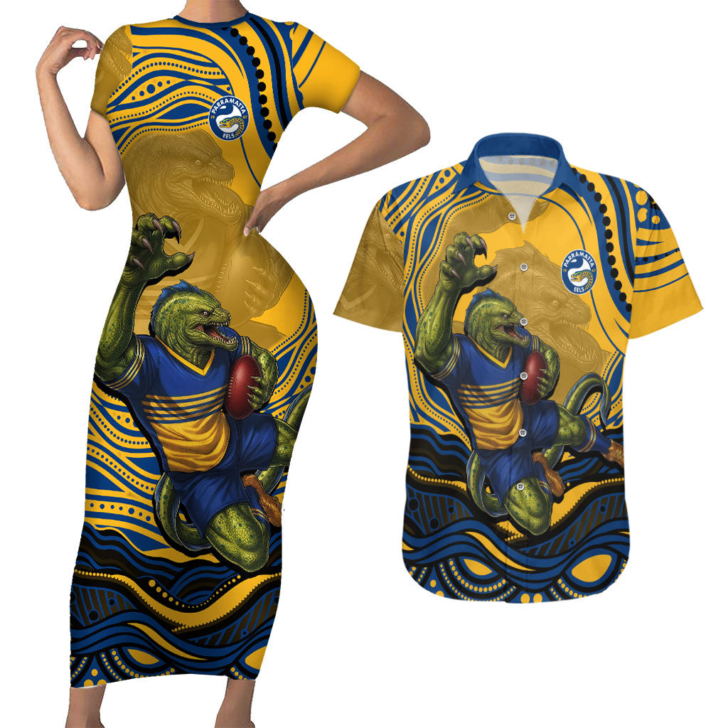 Personalized Parramatta Eels Couples Matching Short Sleeve Bodycon Dress and Hawaiian Shirt Aboriginal Dot Art - Dreamtime Rugby Mascot