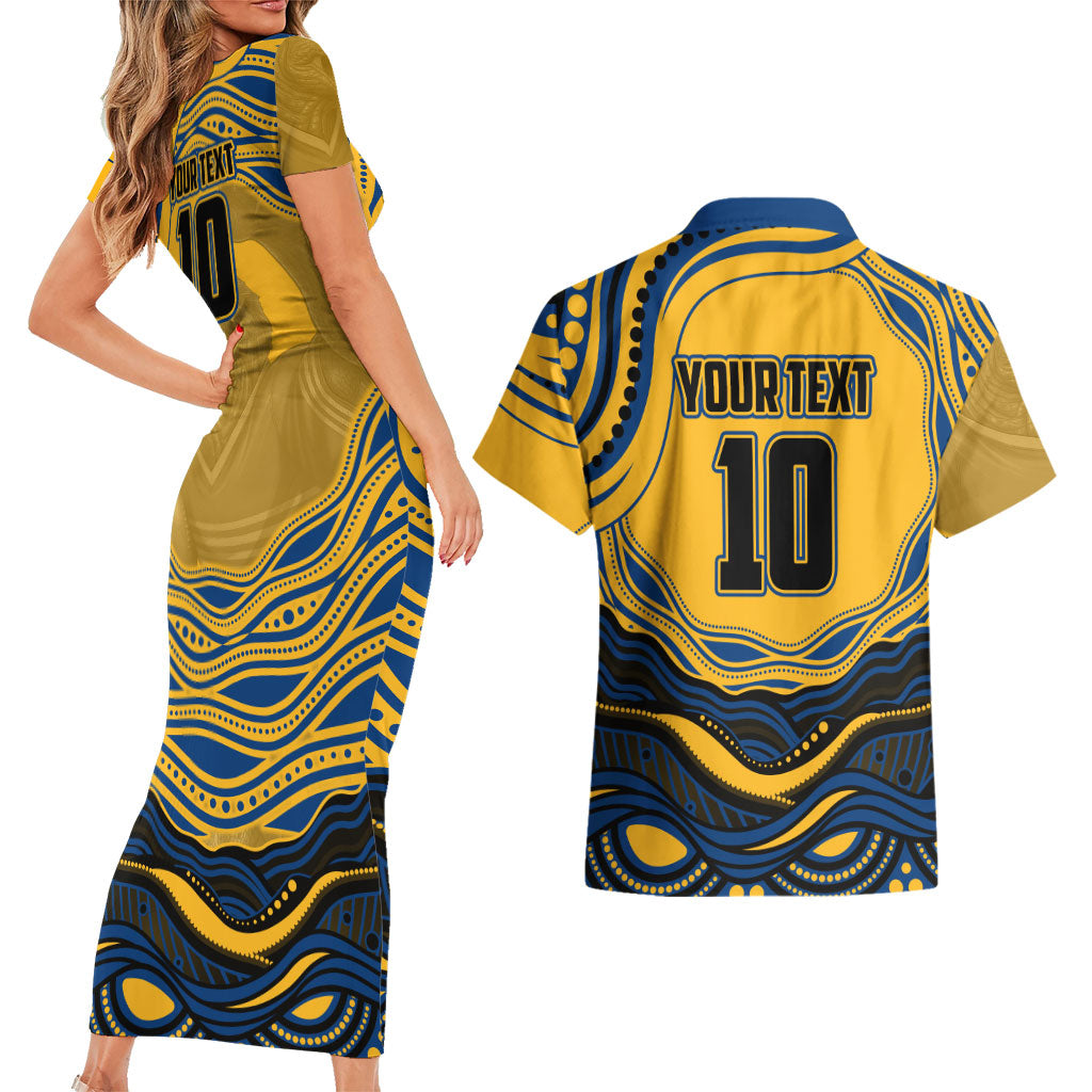 Personalized Parramatta Eels Couples Matching Short Sleeve Bodycon Dress and Hawaiian Shirt Aboriginal Dot Art - Dreamtime Rugby Mascot