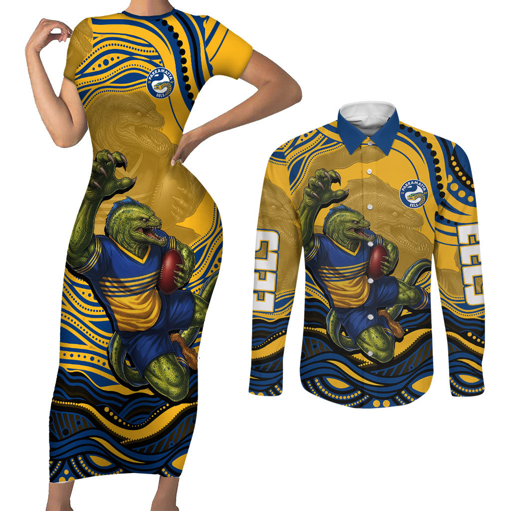 Personalized Parramatta Eels Couples Matching Short Sleeve Bodycon Dress and Long Sleeve Button Shirt Aboriginal Dot Art - Dreamtime Rugby Mascot