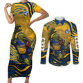 Personalized Parramatta Eels Couples Matching Short Sleeve Bodycon Dress and Long Sleeve Button Shirt Aboriginal Dot Art - Dreamtime Rugby Mascot