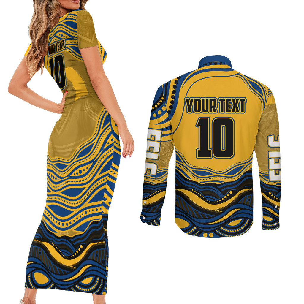 Personalized Parramatta Eels Couples Matching Short Sleeve Bodycon Dress and Long Sleeve Button Shirt Aboriginal Dot Art - Dreamtime Rugby Mascot