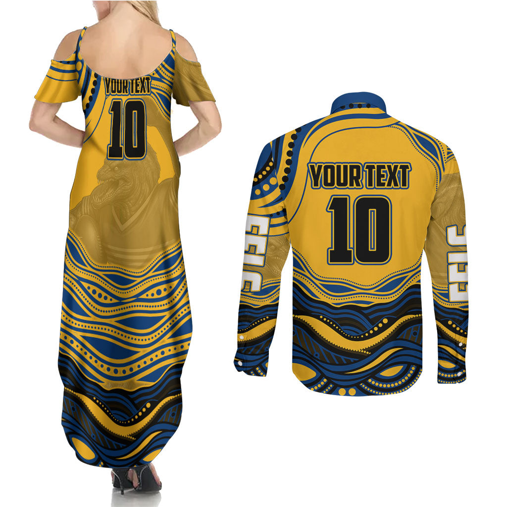 Personalized Parramatta Eels Couples Matching Summer Maxi Dress and Long Sleeve Button Shirt Aboriginal Dot Art - Dreamtime Rugby Mascot