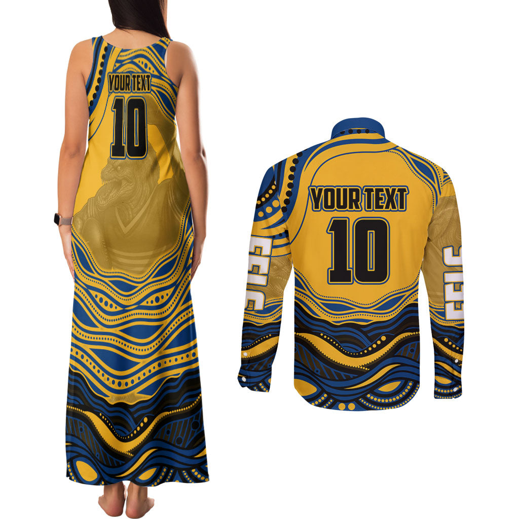 Personalized Parramatta Eels Couples Matching Tank Maxi Dress and Long Sleeve Button Shirt Aboriginal Dot Art - Dreamtime Rugby Mascot