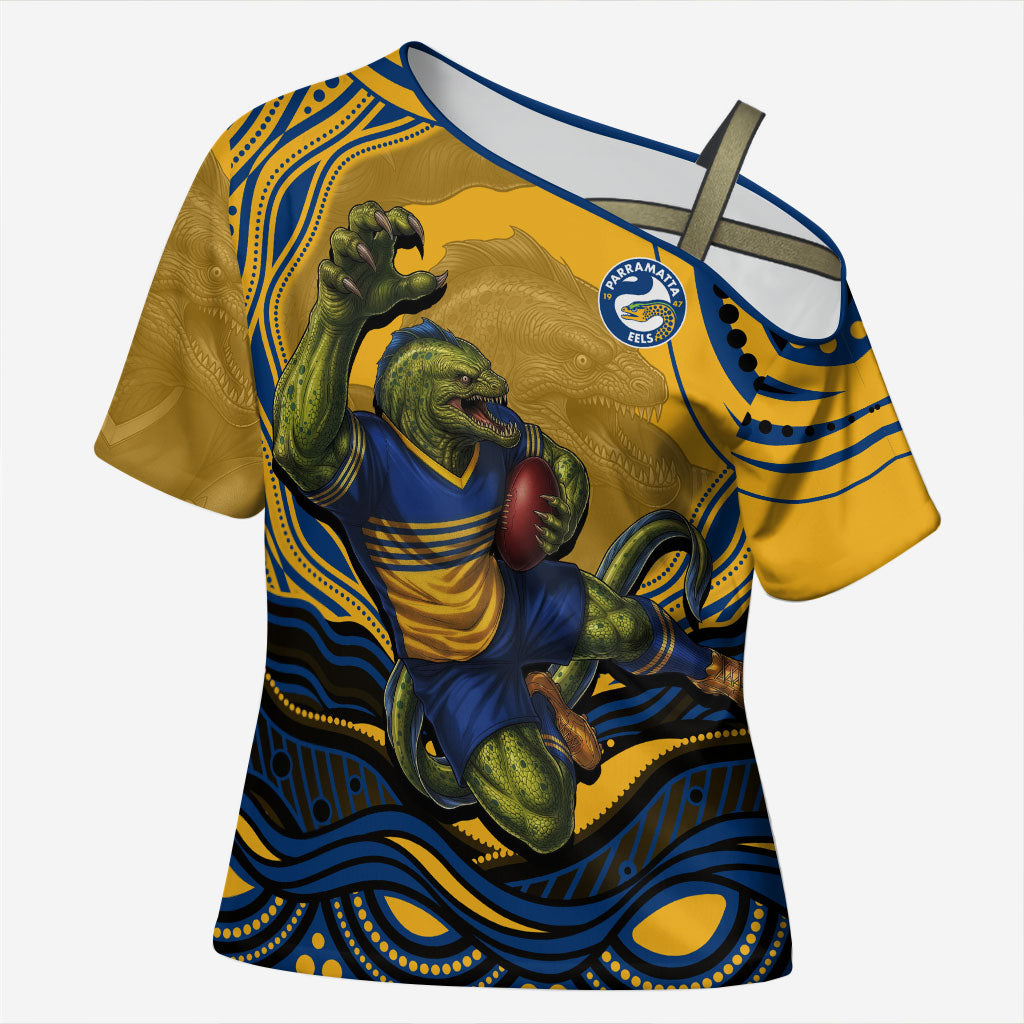Personalized Parramatta Eels Cross Shoulder Shirt Aboriginal Dot Art - Dreamtime Rugby Mascot