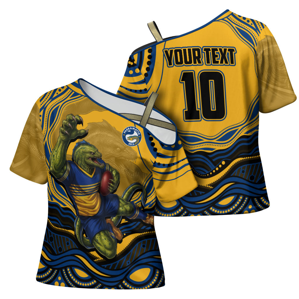 Personalized Parramatta Eels Cross Shoulder Shirt Aboriginal Dot Art - Dreamtime Rugby Mascot